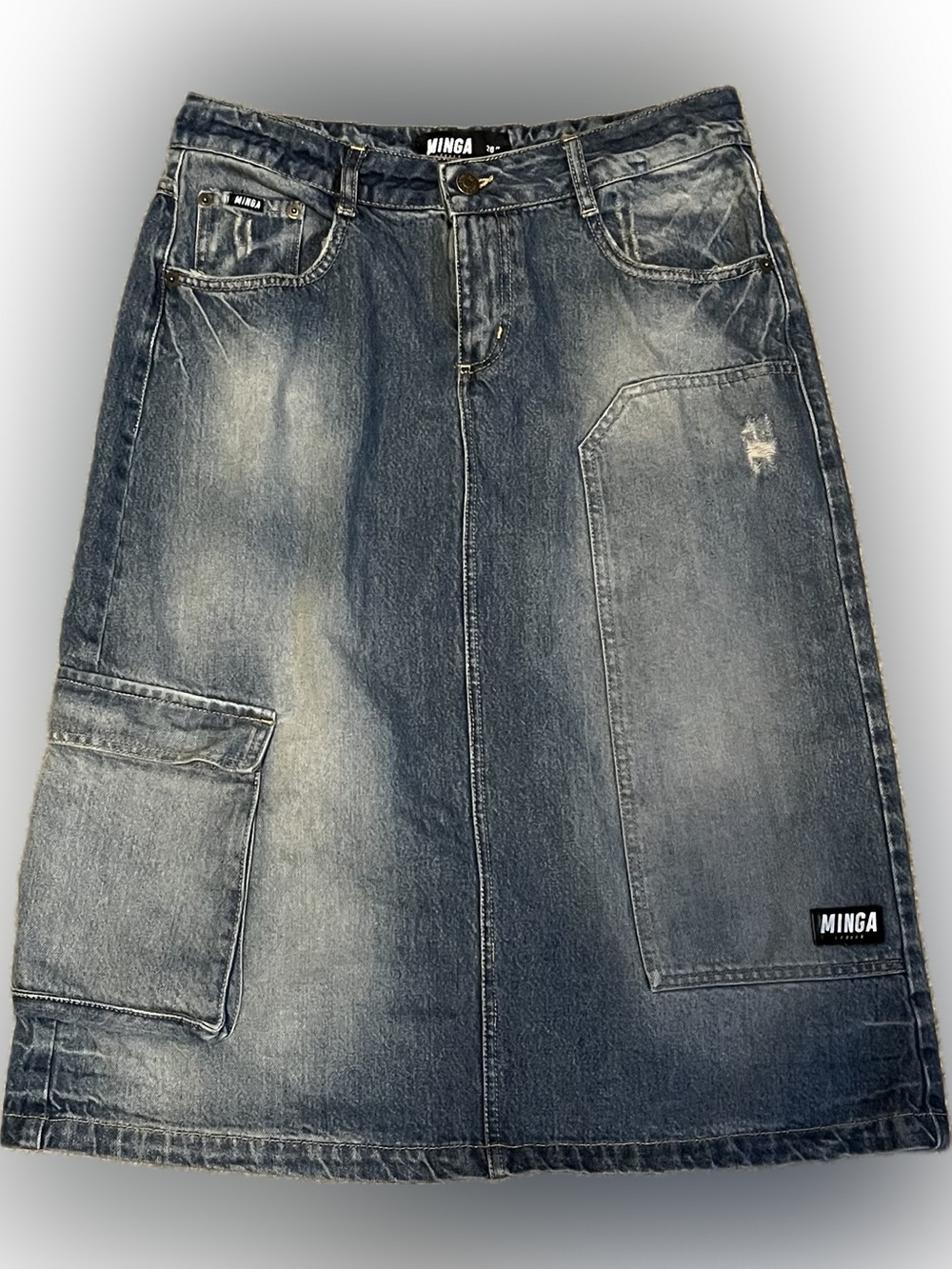 Minga London Washed Denim Grunge Utility Skirt size 26